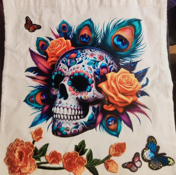 Colorful Skull and Floral Tote Bag - Picture 6 of 15